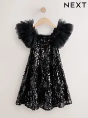 Black Puff Sleeve Sequin Party Dress (3-14yrs) (B52877) | $96 - $109