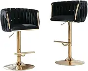 Home Bar Adjustable Bar Stools Set of 2, Black Velvet Channel Tufted, Gold Base