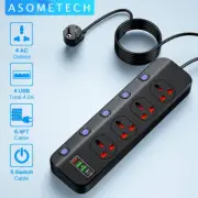 Filter Power Strip 2500W With 4 Universal Socket Multiple USB and 5 Swich,