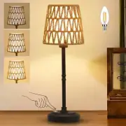 Boho Cordless Table Lamp With Dimmer, Rattan Rechargeable Table Lamp With Black