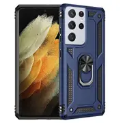 For Samsung Galaxy S21 Ultra Case, Military Grade 360 Degree Rotating Metal Magnetic Ring Car Mount Holder Kickstand Shockproof Heavy Duty Cover (Navy Blue)