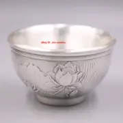 Solid 999 Fine Silver Tea Cup Heat Insulation Lotus Pattern Chinese Small Bowl