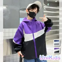 在飛比找momo購物網優惠-【UniKids】中大童裝長袖風衣 韓版撞色衝鋒衣夾克連帽外