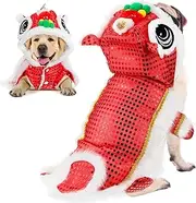 Cute Dance Lion Dog Costume with Sequins Chinese New Year Pet Costume Chinese Lion Dance Costume Cat Dog Clothes Hoodies Coat for Small Dogs New Year Spring Festival Dress up (Red,Large)