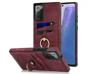Full Protection Cover for Samsung Galaxy Note 20, 2 Cards PU Leather Case with Ring Holder - Dark Red