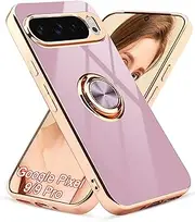 [Aitipy] for Google Pixel 9/9 Pro Case with 360° Rotation Ring Holder Magnetic Stand, Luxury Shiny Plating Edge Shockproof Electroplated Protective Cases (Purple/Golden)