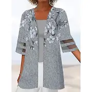 Women's Casual Jacket Breathable Comfortable Patchwork Print Casual Floral Vacation Street Daily Wear Going out Open Front Regular Collarless Regular Fit 3/4 L
