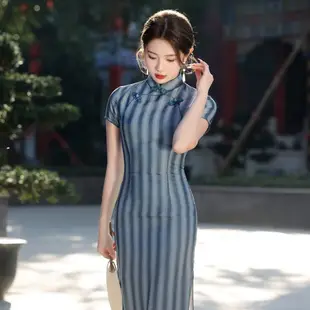 民國風旗袍2024春夏新款氣質優雅老上海復古風條紋洋裝日常可穿