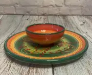 Ceramic 8” Chip/veggie Dip Plate with attached bowl, handmade in Spain, vibrant