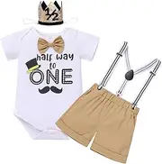 [ODASDO] ODASOD Half Way To One Baby Boy Birthday Outfit Smash Cake Photoshoot Romper Shorts Headwear Suspenders 4pcs Set