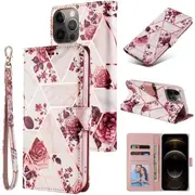 For Apple iPhone 12 /12 Pro Case Marble Painting Pattern With Lanyard Flip Wallet Case Leather Card Slots Stand Cover (Rose Gold Gilding)