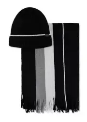 New Mens Kenneth Cole Reaction Black Knit Beanie and Striped Scarf 2 pc Set