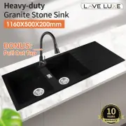 Black Double Bowls Granite Stone Drainer Board Kitchen Sink w/ Pull Out Tap Set