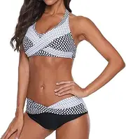 [BODOAO] Women Polka Dots Swimwear Plus Size Push-up Beach Swimsuit Bikini High Waist Front Cross Lace Up Two Piece Bathing Suit