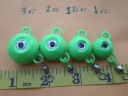 20 PCS FLUKE EAR BALL JIGS NEON GREEN/SILVER EYE/#3 SWIVEL 3,2,1-1/2,1 OZ. 5 EA.