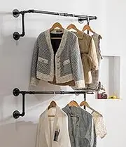 Clothes Rack, Industrial Pipe Clothing Rack for Hanging Clothes, Wall Mounted Heavy Duty Space Saving Garment Rack, Multi-Purpose Clothing Hanging Rod for Closet Storage, Black, 2Pcs