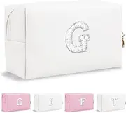 Personalized Birthday Gifts Initial Letter Makeup Bag for Women,Pearl Rhinestone Patch Cosmetic Bag Toiletry Bag,White Cute Preppy Pencil Pouch,Monogram Christmas Gift for Teen Girls Mom Friend Wife,G