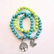Set of 3 Bracelets Crackle Turquoise-Comp. Stones Butterfly/Tree of Life Charms