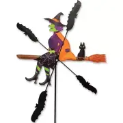 Halloween Flying Witch Broom Cat Bats Wind Spinner 25.5"