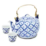 Tea Pot with Brass Handle and 2x Tea Cups