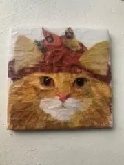 coaster Christmas cat with toboggan, birds; 4x4