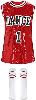 [Hedmy] Girls Hip Hop Dance Costume Kids Jersey Sequin Jazz T-Shirt Dress Cheerleading Long Tank Top with Socks Set