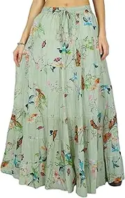 [Phagun] Printed Long Maxi Cotton Beach Wear Skirt for Women Elastic Waist Skirt Summer Wear