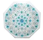 White Mable Coffee Table Top Turquoise Stone Inlay Work Side Table for Kitchen