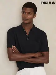 Reiss Navy Nelson Patch Pocket Knit Polo Shirt (F18348) | $155