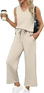 [Generic] Women's Sleeveless Plain Trousers with Wide Leg Trouser Suit 2-Piece Lightweight T-Shirt and Trousers Womens 2 Piece Outfit Casual Summer Outfits Comfortable Jogging Suit