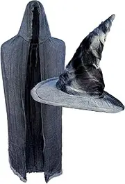 OLYPHAN Wizard Set with Wizard Hat Grey and Gray Fluffy Cloak Cape for Halloween and Cosplay 2 PC Accessory Wiard Set
