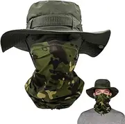 [SEFIRST] Pack of 2 Sun Hat Fishing Hat Men UPF 50+ Hiking Hat Summer Hat Waterproof Wide Brim Camo Safari Hat Army Boonie Hat with Cooling Multifunctional Scarf Tube Scarf Outdoor Fishing Hu
