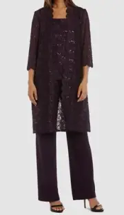 R&M Richards Women's Purple Sequin Lace Pants Jacket & Top Set Size 18
