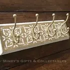 39cm Long Vintage Style 4 Heavy Gold Metal Hooks on a Wooden Coat Rack