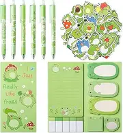Xqumoi 57Pcs Frog Sticky Notes Set With Pen, Stickers, Stationery - 0.5mm Black Gel Ballpoint Pens, Self-Stick Note Pads, Cartoon Vinyl Stickers for School, Office Supplies, Party Favor Gift