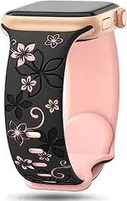 Floral Engraved Bands Compatible with Apple Watch Band 41mm 40mm 44mm 45mm 42mm 38mm 49mm 46mm for Women,Cute Flower iWatch Bands Soft Silicone Sport Strap for iWatch Series SE 10 9 8 7 6 5 4 3 Ultra