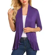Nevenka Women's Open Front Cardigan 3/4 Sleeve Draped Ruffles Soft Knit Sweaters-Purple-8012