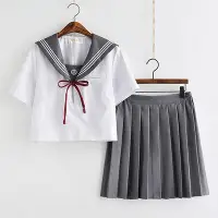 在飛比找Yahoo!奇摩拍賣優惠-日系JK制服 灰領白三本刺綉關西襟水手服 灰色裙子套裝 學院