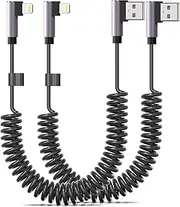 90 Degree Coiled Lightning Cable, 2 Pack, 3 FT, Right Angle Short iPhone Charger Cord [MFi Certified] USB A to Lightning Apple CarPlay Cable Compatible with iPhone 14/13/12/11 Pro Max XS XR X - Lilas
