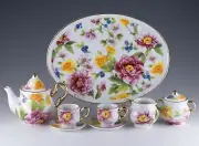 Porcelain 10 Pc Miniature Spring Flowers Tea Set Teapot Creamer Sugar Cups