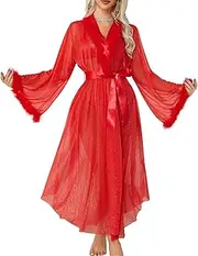 [TINAYAUE] Women's Mesh Bathrobe with Feathers, Sexy Transparent Robe, Shiny Pyjamas, Long Tulle Pyjamas, Lace Nightdress with V-Neck, Erotic Bathrobe with Fine Glitter for Lovers, Couples