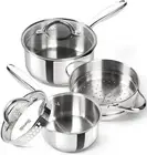 Stainless Steel Sauce Pot Set with Steamer 5Pcs, 18/10 Saucepan Set with Pour...