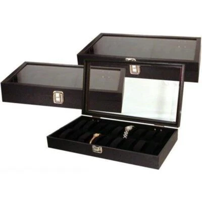 3 Wrist Watch Case Display 18 Watches Glass Box Cover 14 3/4" x 8 1/4"