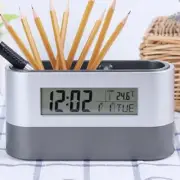 Digital Alarm Clock Thermometer Calendar Desktop Gadget Holder Pen Storage Box