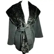 TAHARI Women's XL Dark Green Alpaca Wool Pea Coat Jacket Belt Faux Fur Trim Luxe