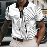 Men's Geometic Line Zip Polo Shirts Short Sleeve Polo Shirts Collared Shirts Business Casual Business Athleisure Wear to work Daily Wear 3D Print Summer Black