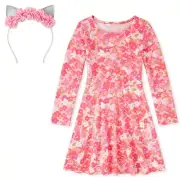 Girls The Children's Place Floral Dress & Flower Light Up Cat Ears Headband Set