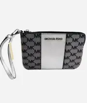 NWT Michael Kors Center Stripe Black Silver Grey Zip Wallet Wristlet B5