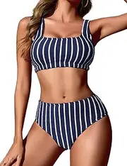 [Zilcremo] Women High Waist Bikini Sets Sporty Two Piece Swimsuits Striped Ribbed Cheeky High Cut Bathing Suits Swimwear, Darkbluestriped, Small