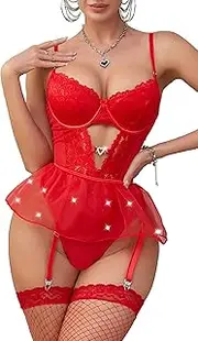 [Aranmei] Womens Bodysuit Lingerie Set with Lace Mini Skirt Teddy Bodysuit with Mesh Stocking for Club Valentine